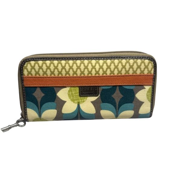 Fossil Wallet Key-Per Zip Around Clutch Floral Canvas Multicolor Retro NWOT - Picture 1 of 11